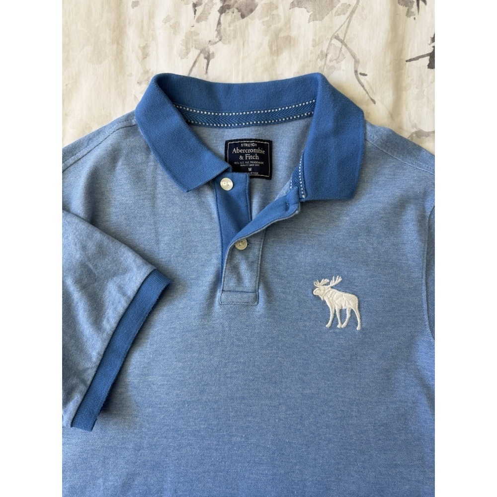 Abercrombie & Fitch Moose Logo Polo Short Sleeve Shirt Blue Cotton Stretch